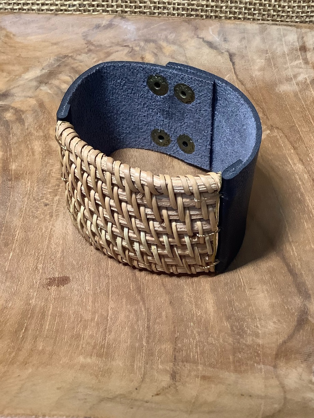 Boho Woven Vegan Black Leather Wide Cuff Bracelet